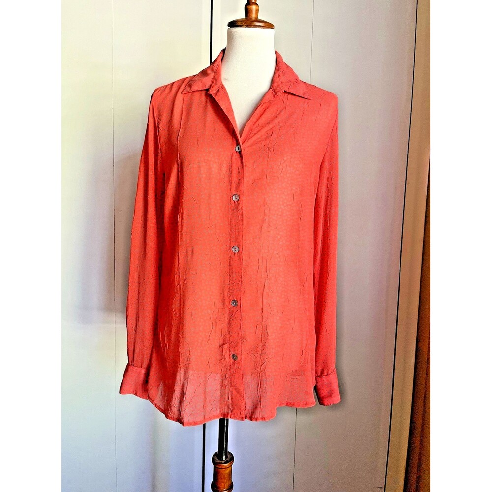 Leylie Women’s Blouse M Coral Red Polka Dot Sheer Long Sleeve Button Front EUC
